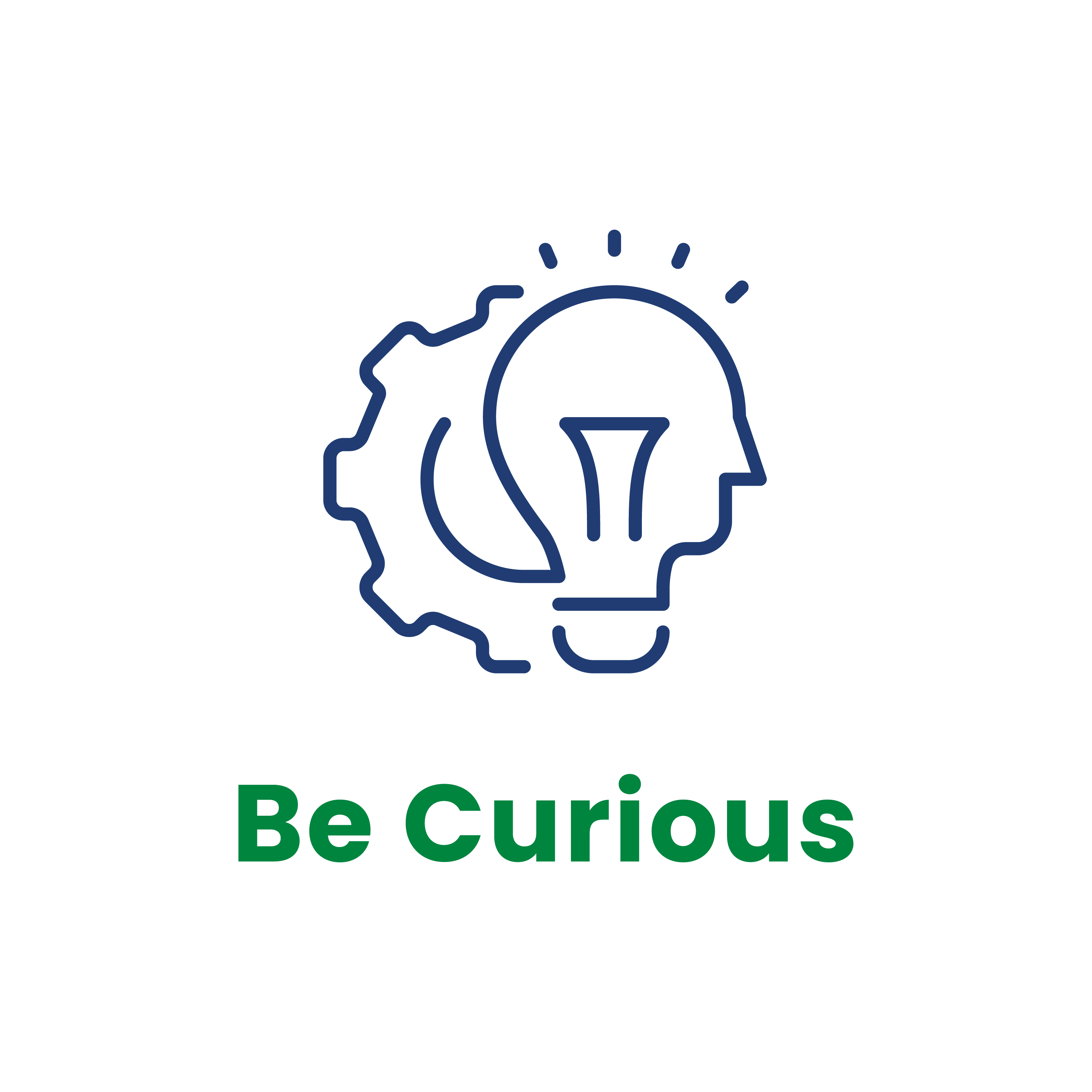 Lightbulb and Gear with "Be Curious" underneath
