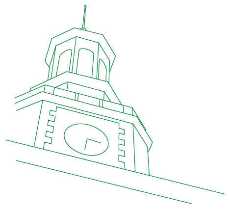 Green line art drawing of the UNT Admin Building