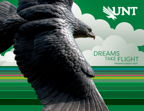 Eagle in front of clouds and a UNT logo with the words "Dreams Take Flight"