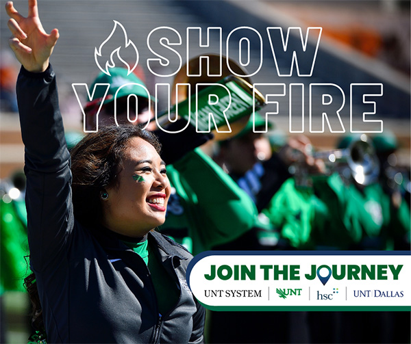 Student cheerleader throws the Eagle Claw and "Show Your Fire" over image